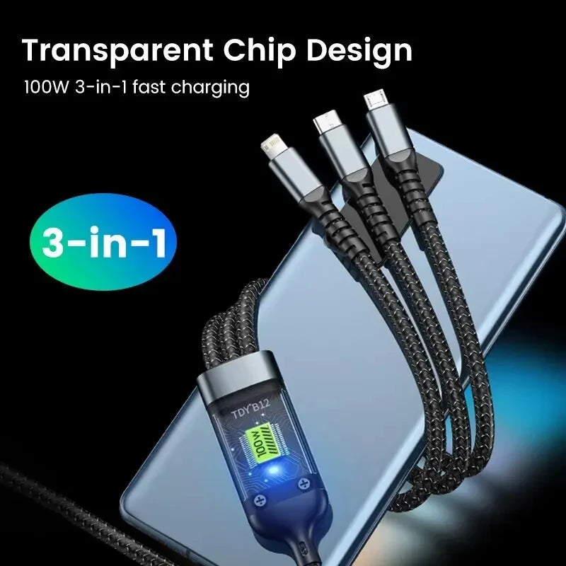 Cable 3 In 1 Mobile Phone Charging Cable 100W Fast Charge