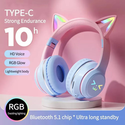 TWS Headphones RGB Cute Cat Girls Kids Headset with Microphone